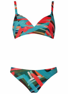 Sunflair bikini zonder beugel, in turquoise met koraal accenten